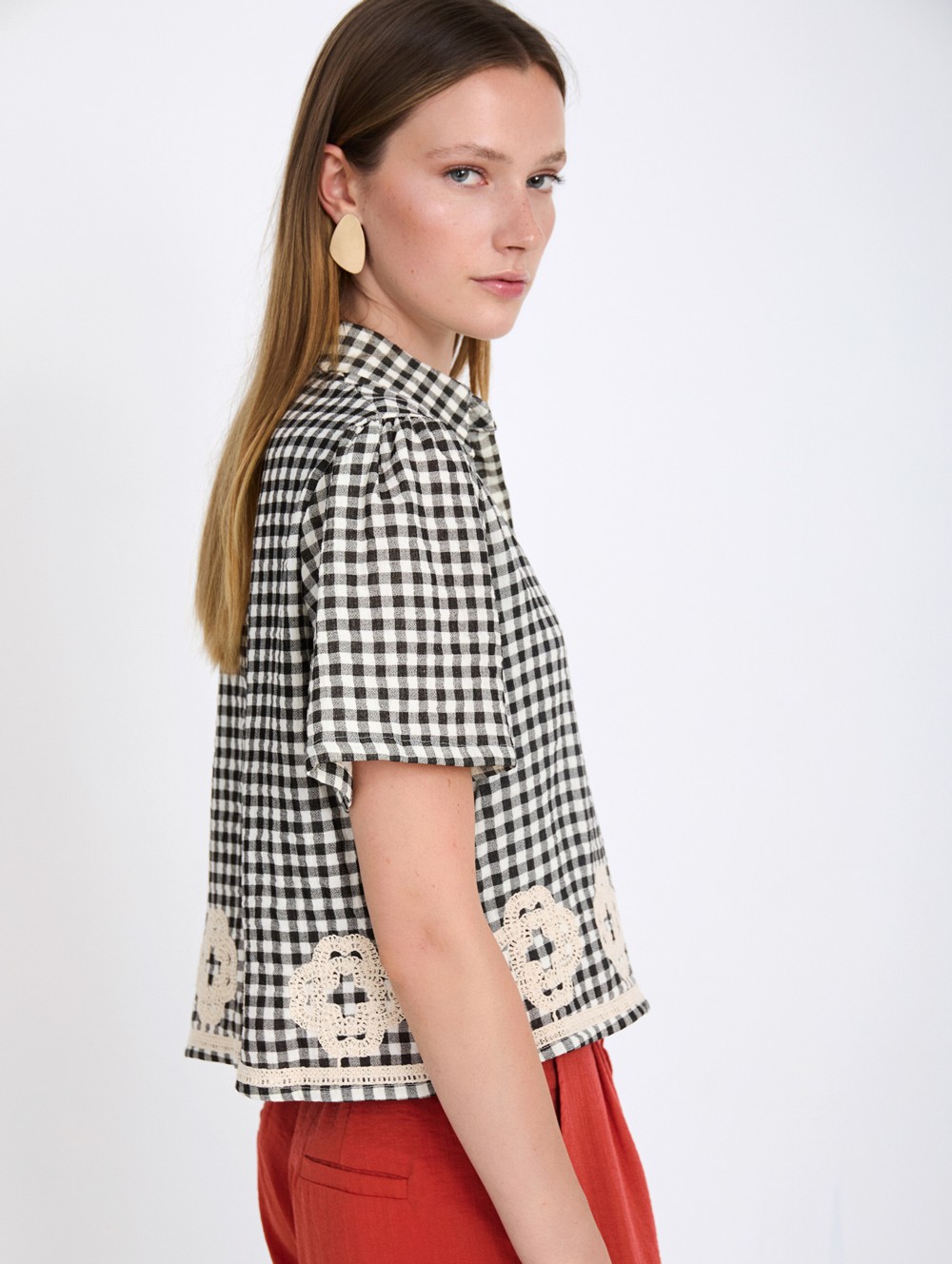 Gingham Shirt with Embroidery