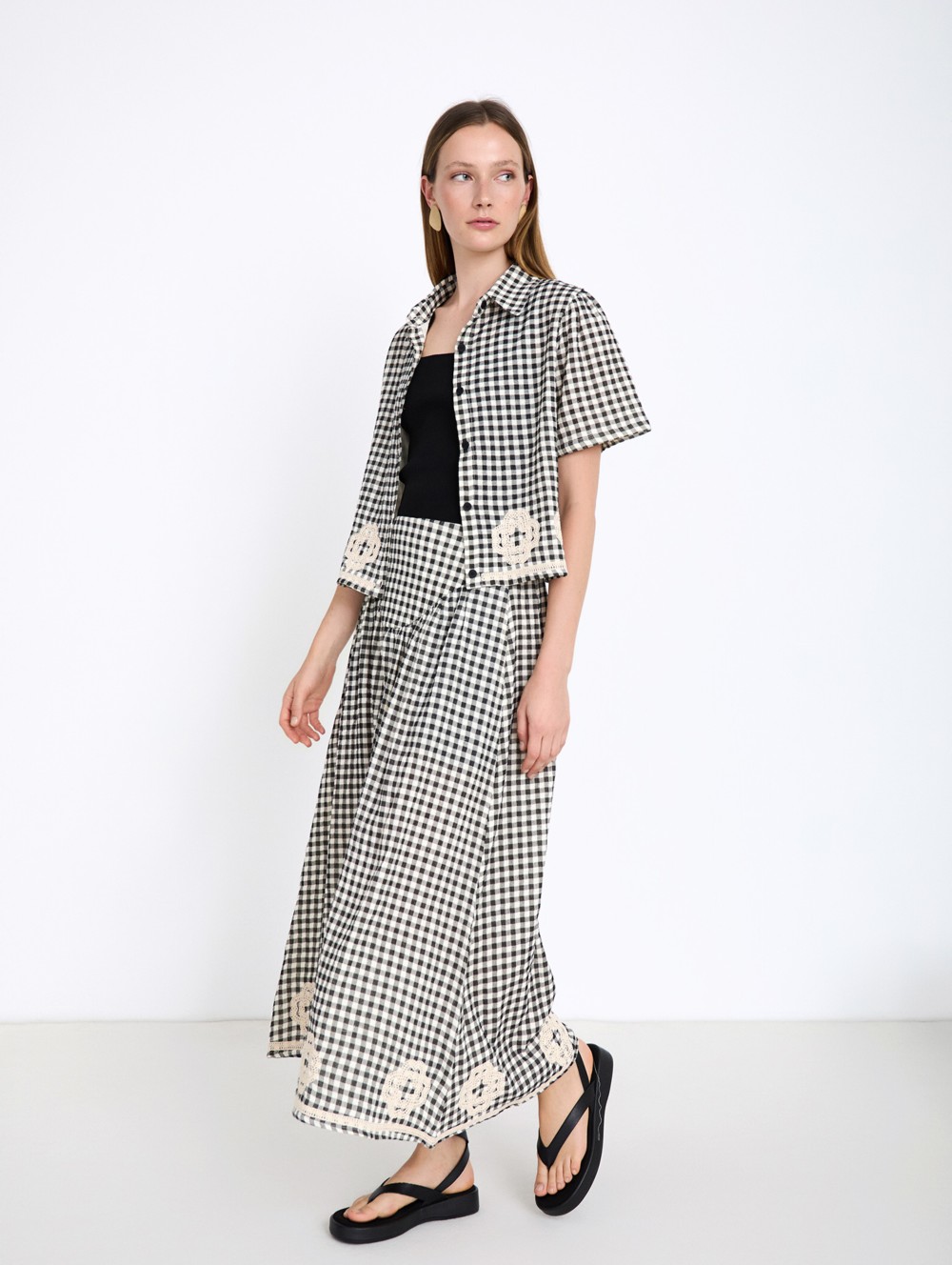 Gingham Skirt with Embroidery