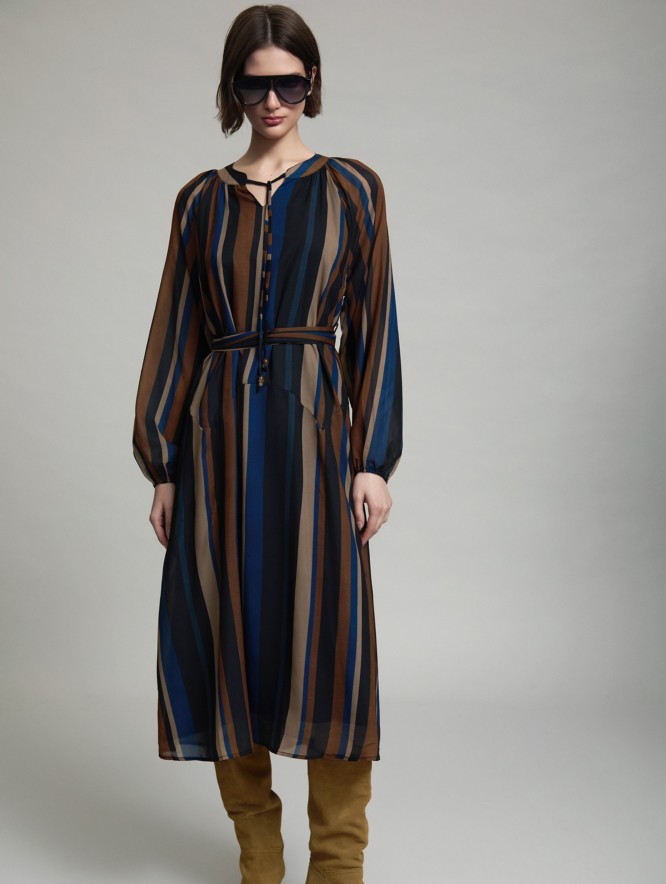 Multicolor striped tie-belt dress