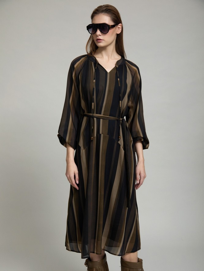 Multicolor striped tie-belt dress