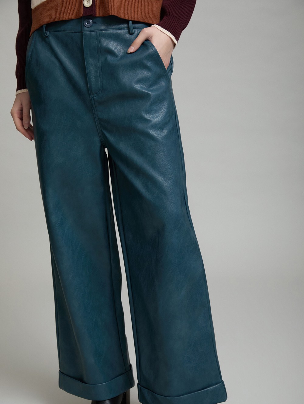 Straight faux leather trousers