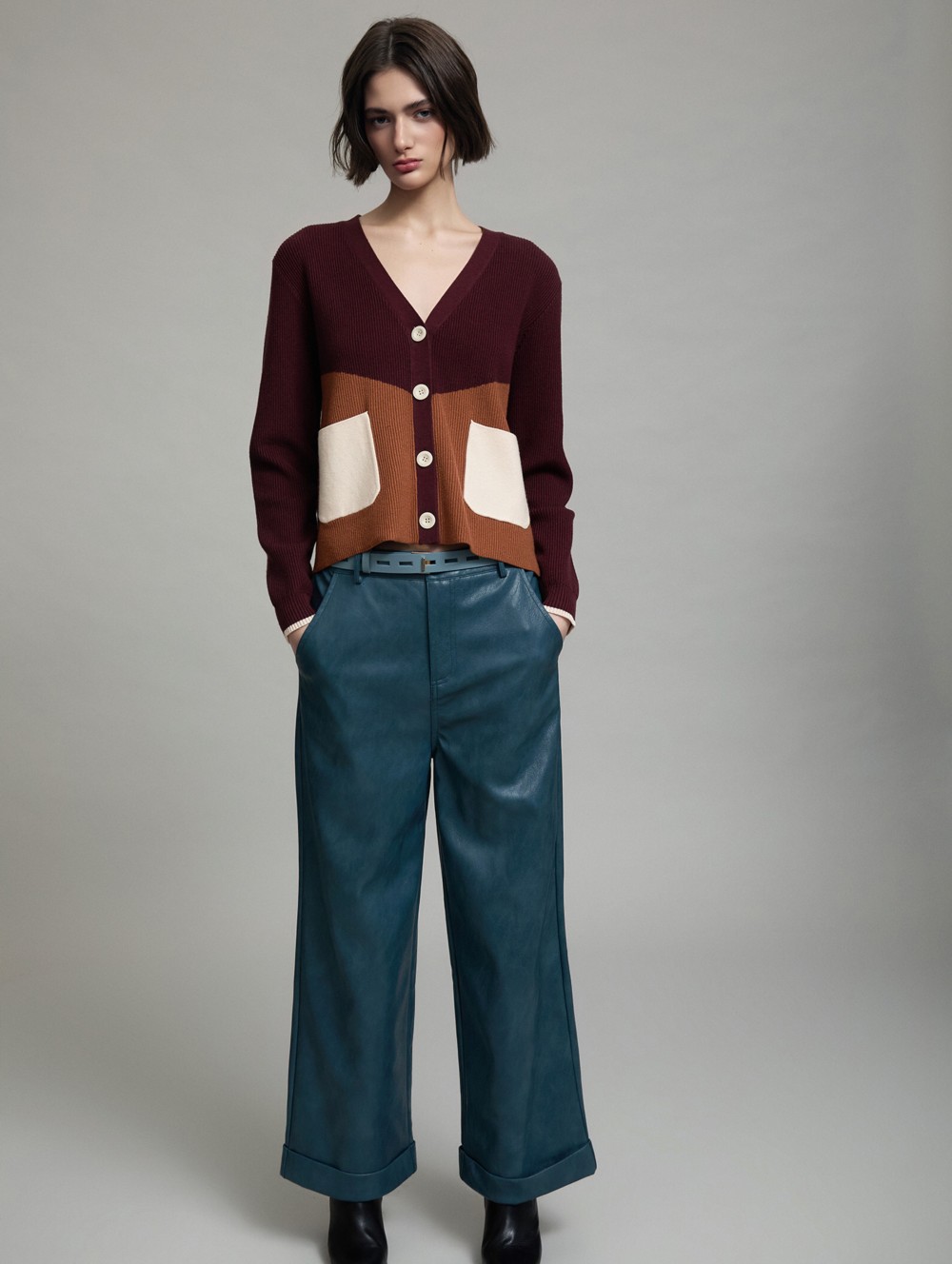 Straight faux leather trousers