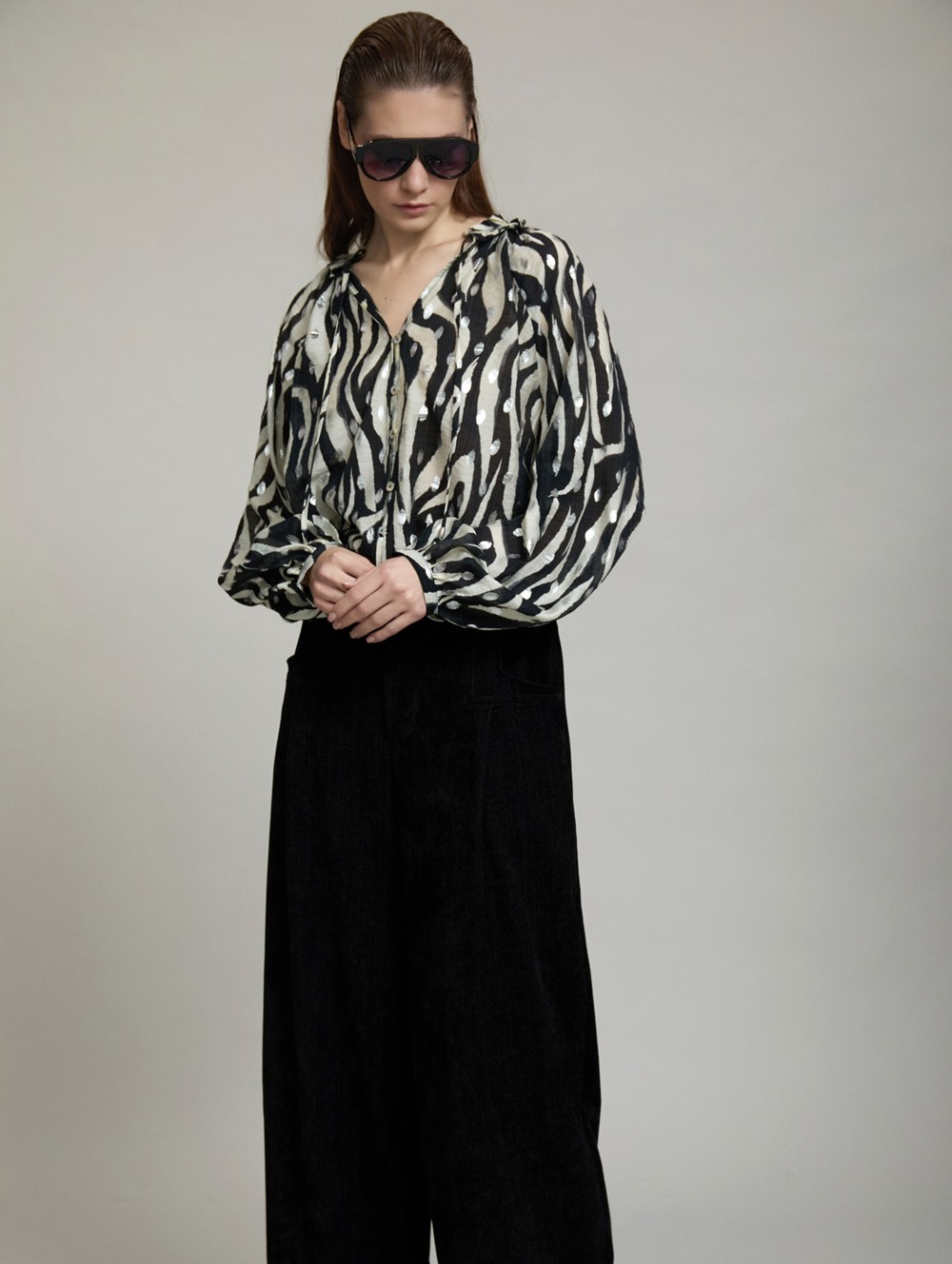 Ruffled neckline printed blouse