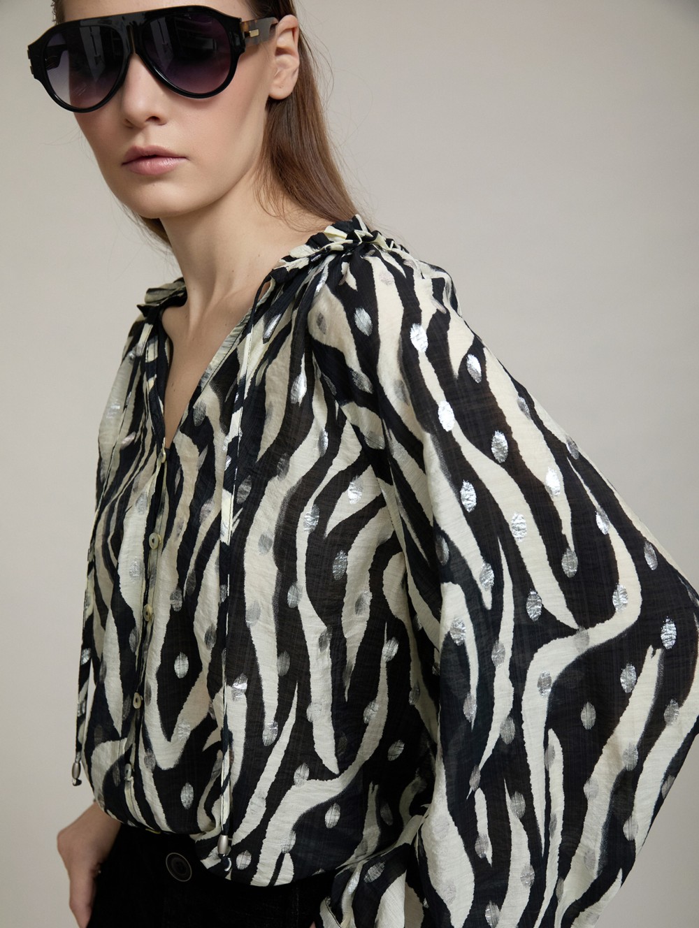 Ruffled neckline printed blouse