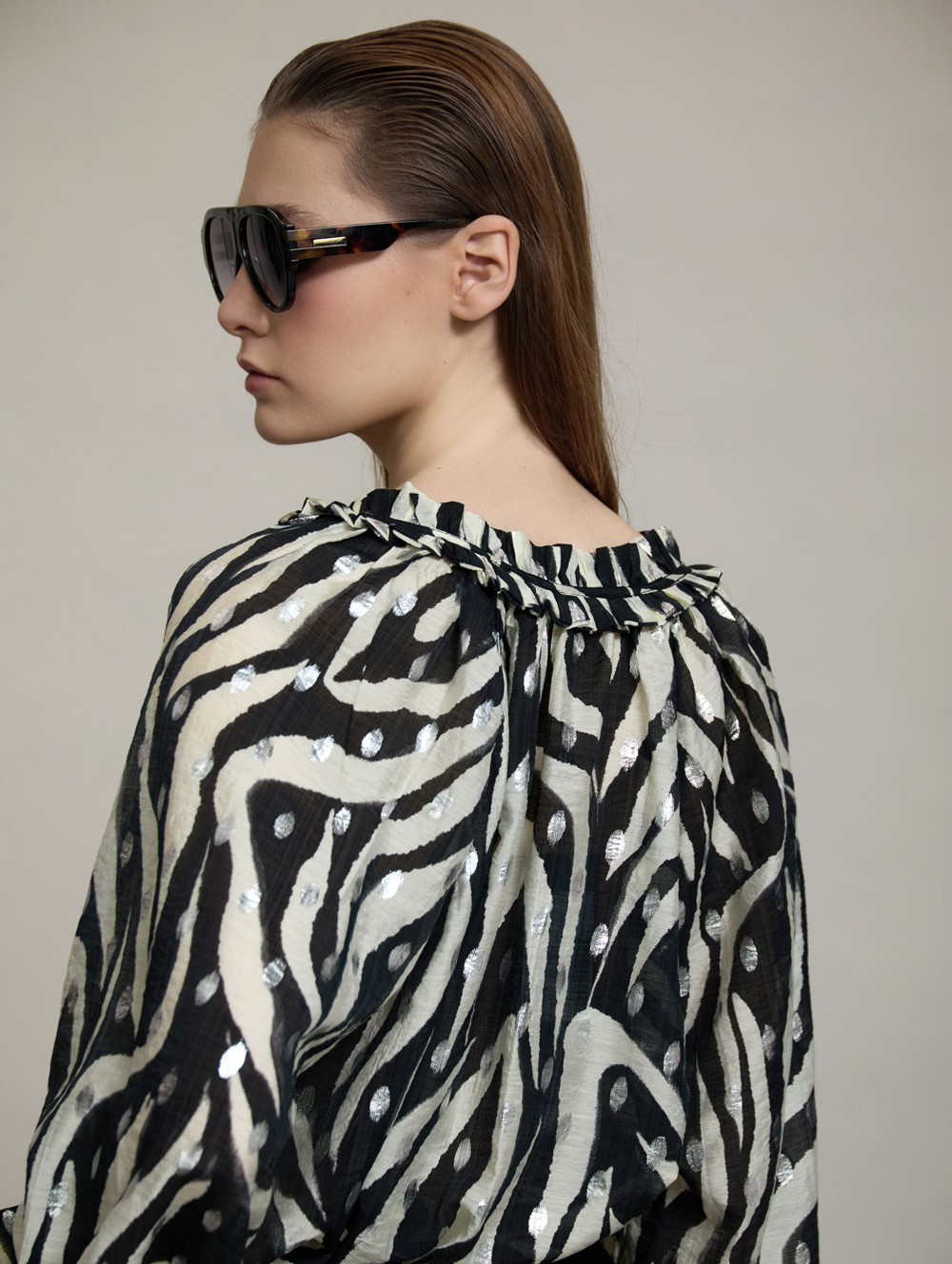Ruffled neckline printed blouse