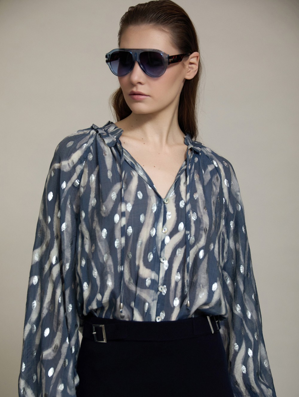 Ruffled neckline printed blouse
