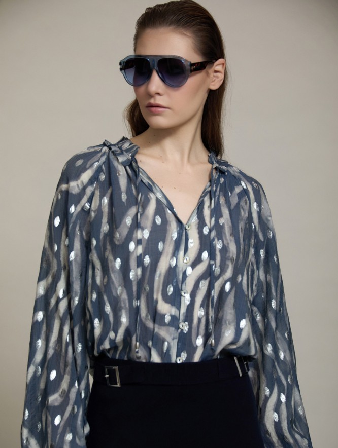 Ruffled neckline printed blouse