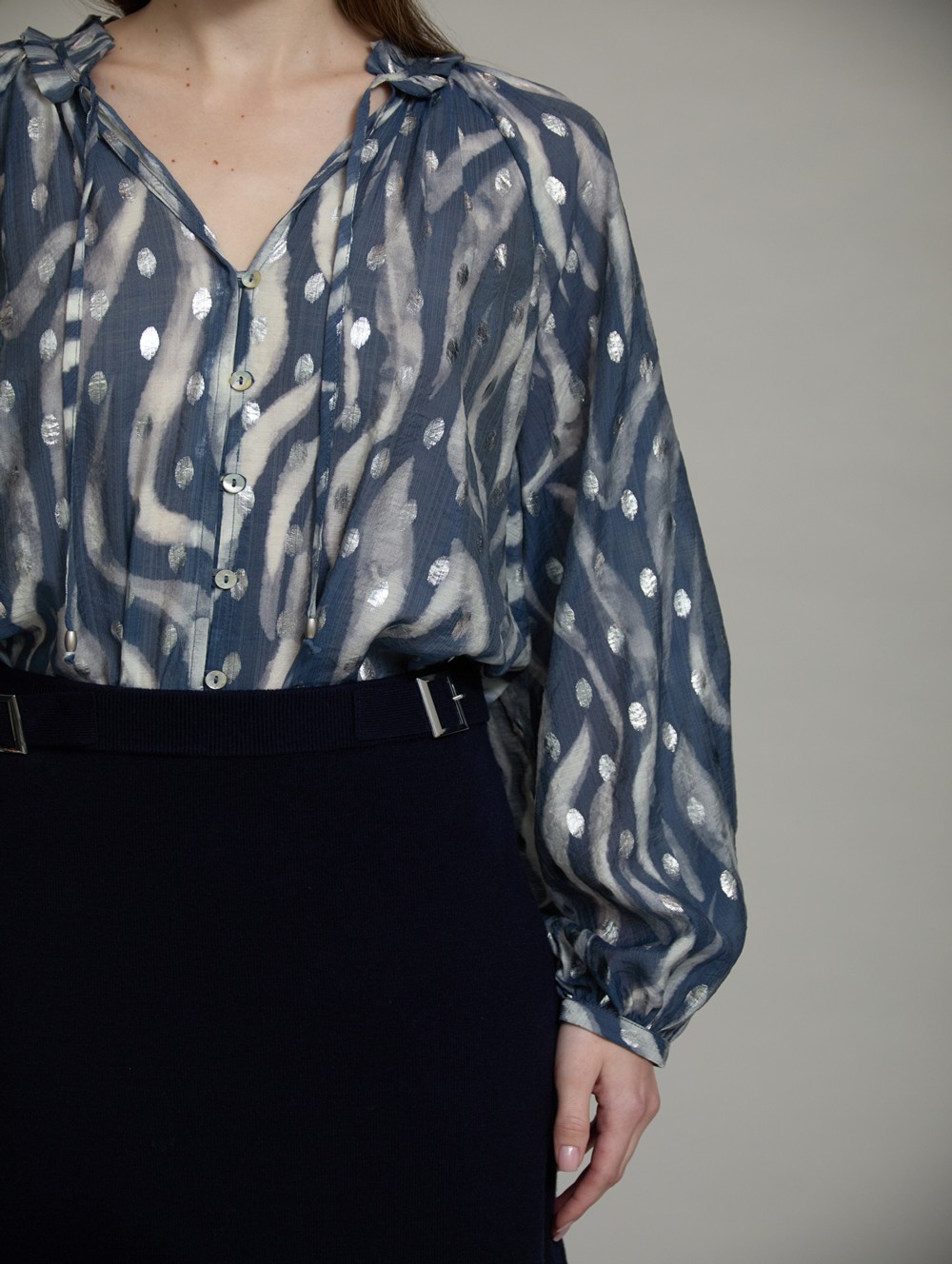Ruffled neckline printed blouse