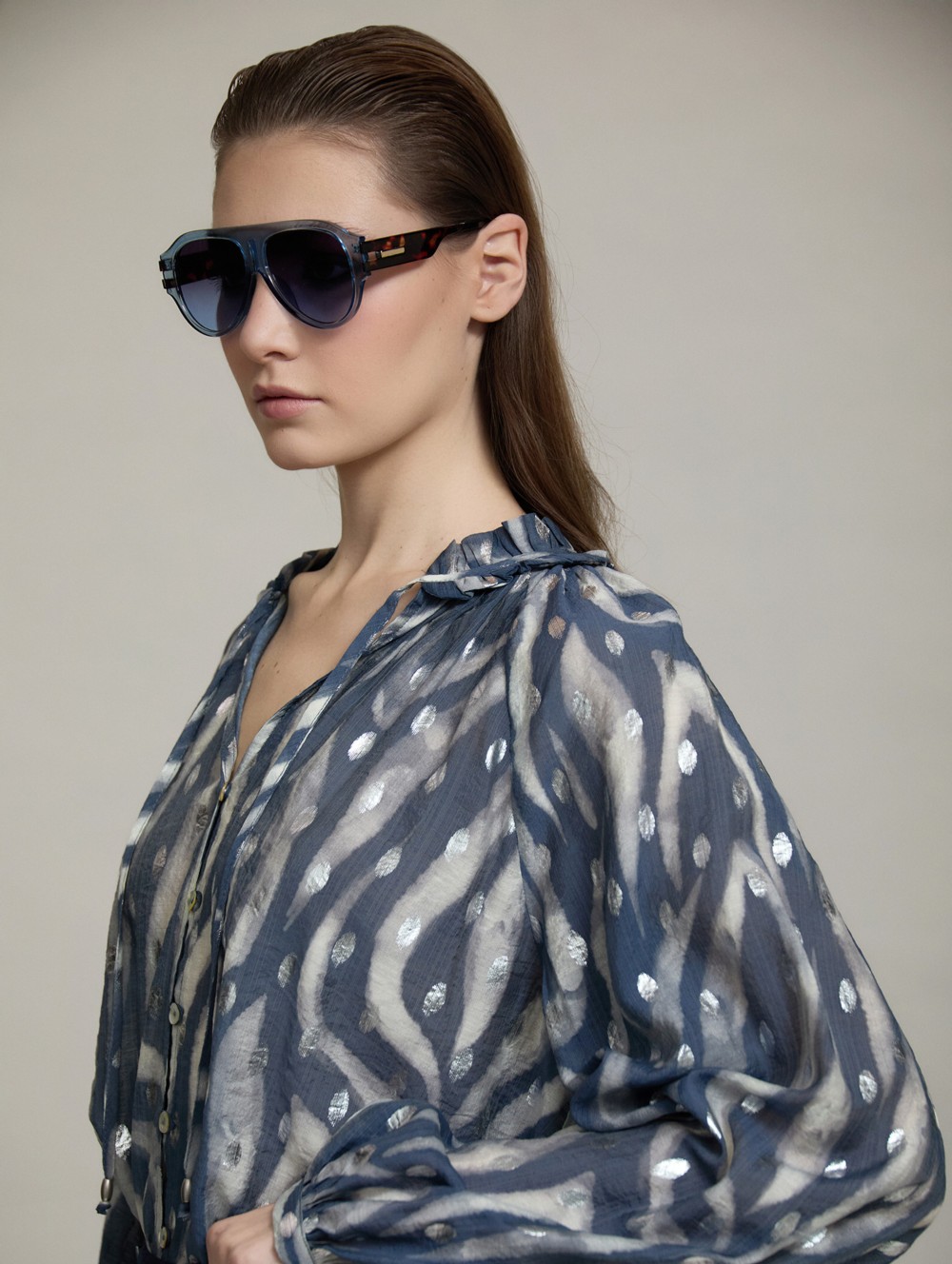 Ruffled neckline printed blouse