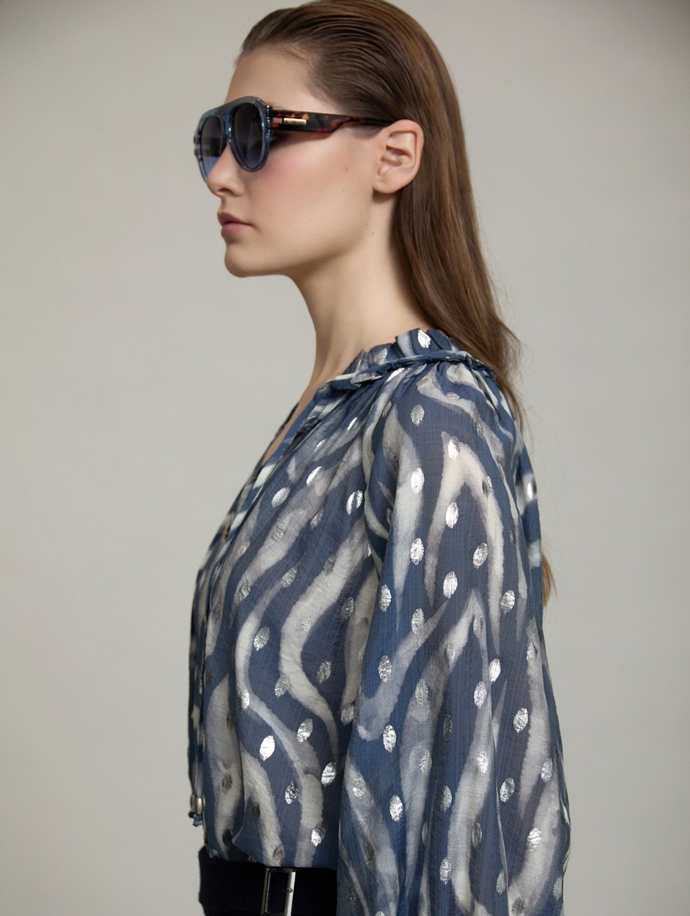 Ruffled neckline printed blouse