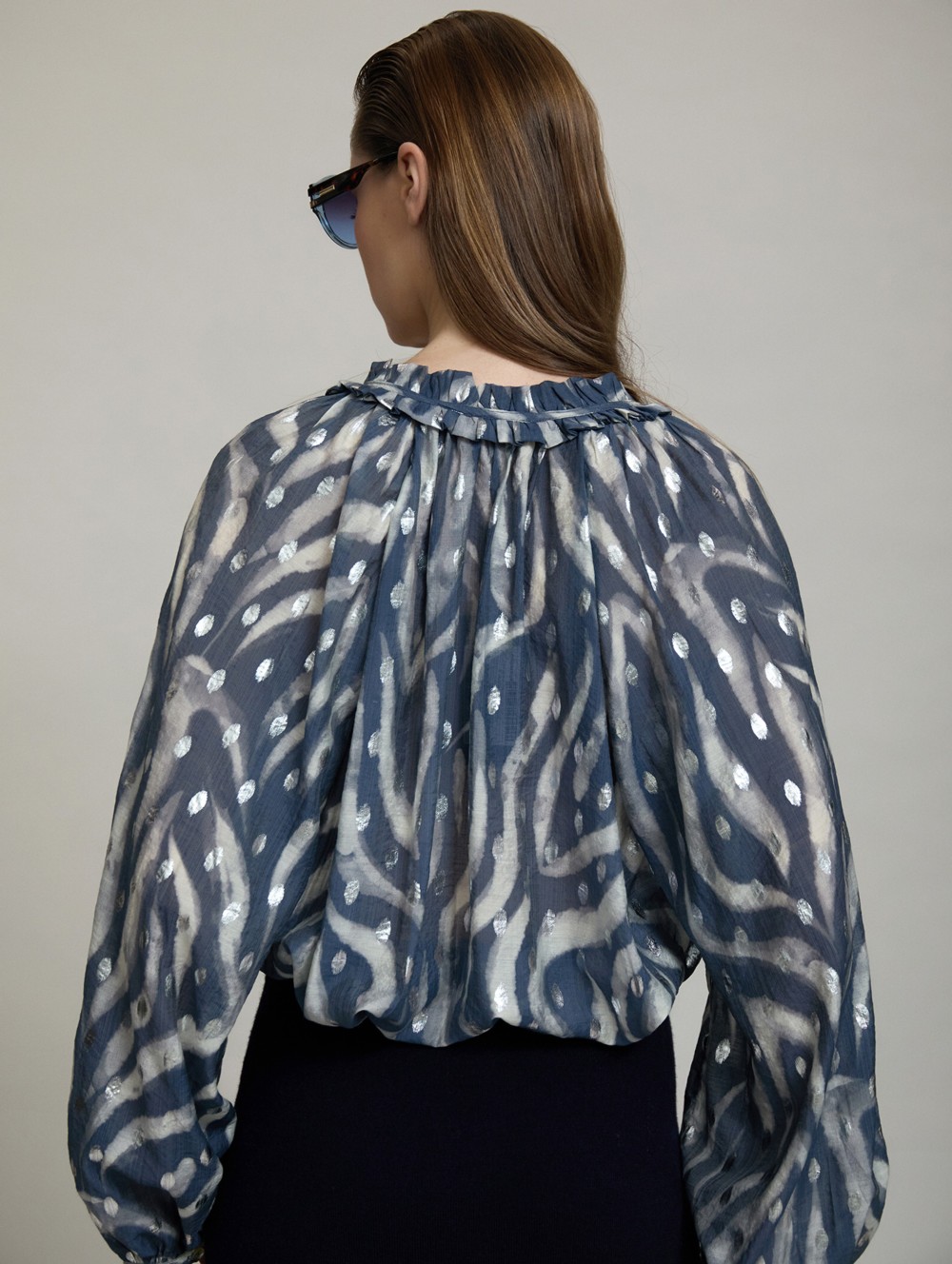 Ruffled neckline printed blouse