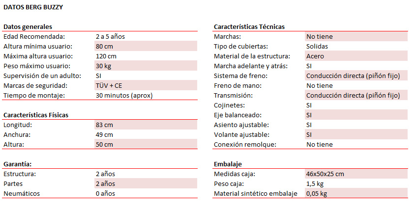 datos técnicos BERG BUZZY