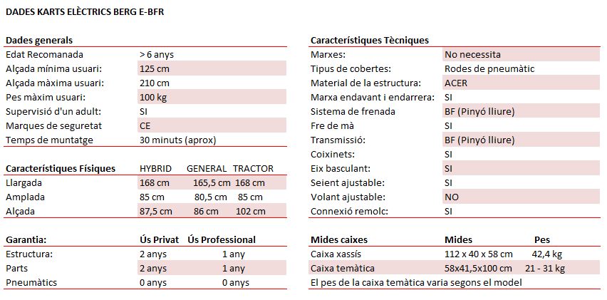 quadre dades tècniques karts de pedals elèctrics BERG EBFR
