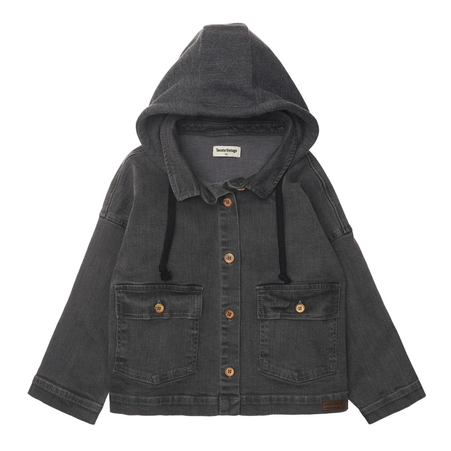 Black denim jacket with hood