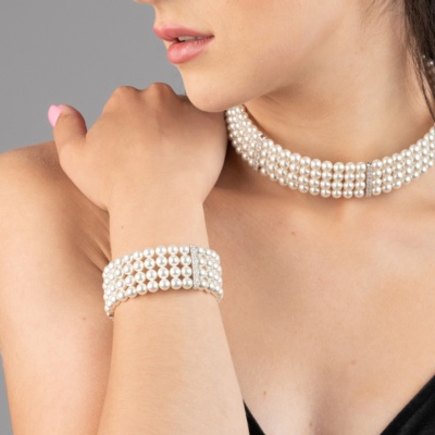Kette Perlen und filigranen Silberelementen mit Zirkonen 1