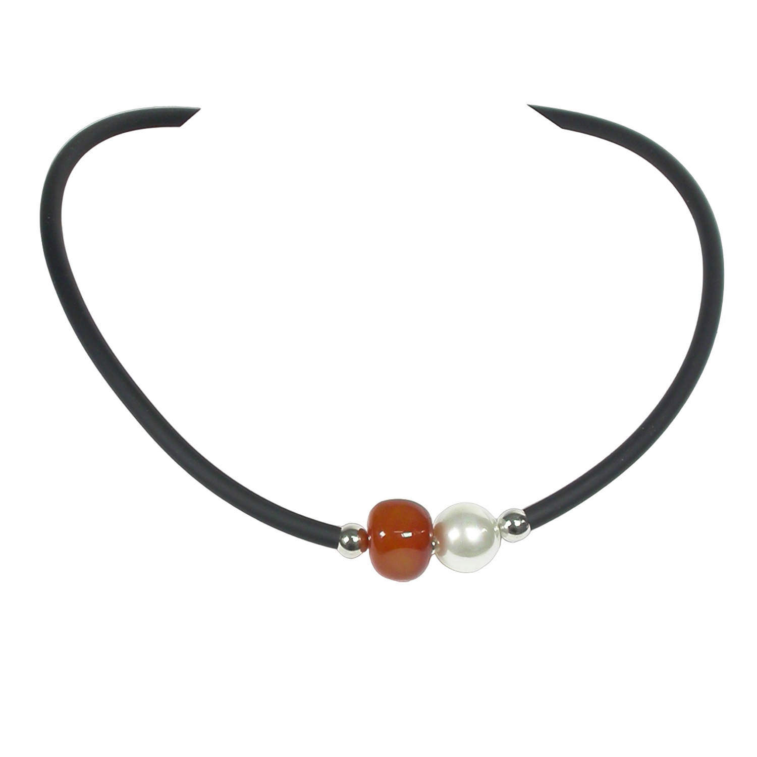 Rubber Necklace with Pearl and Carnelian stone