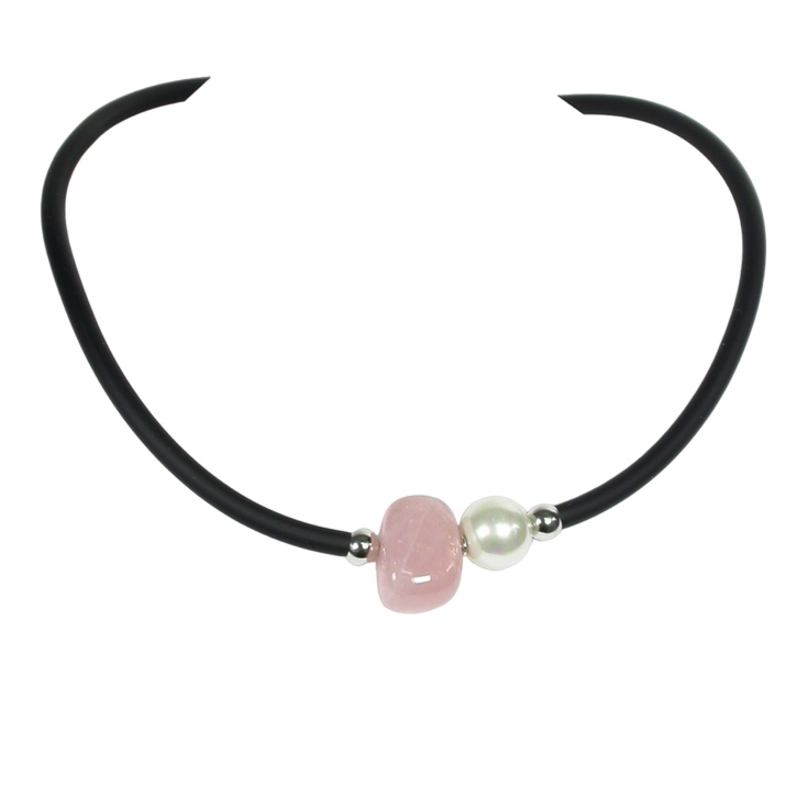 Rubber Necklace with Pearl and Rose Quartz