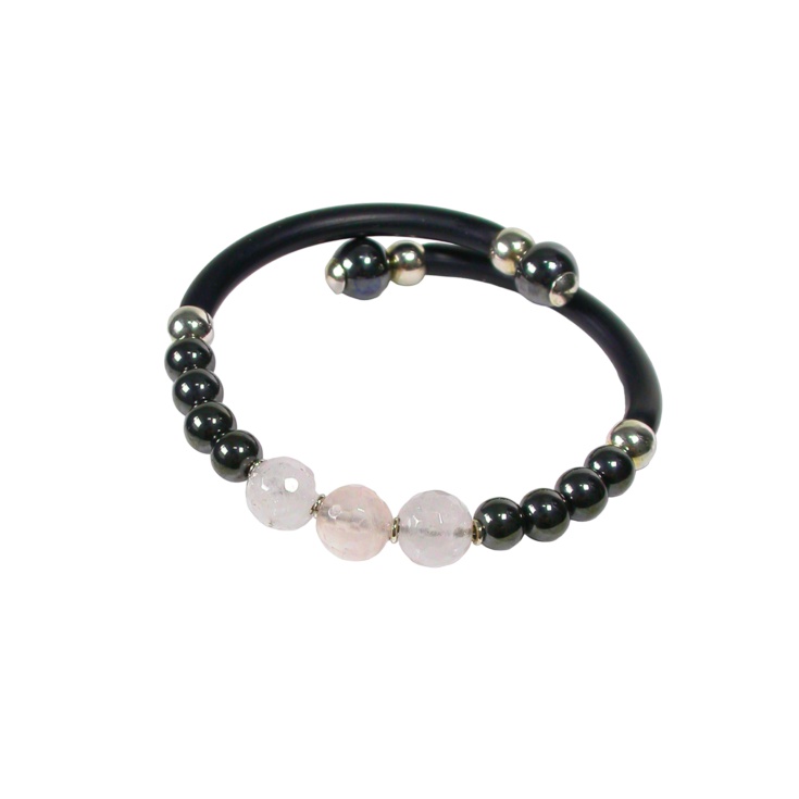 Vitality Rubber Bracelet with Hematite Stones and faceted Rose Quartz