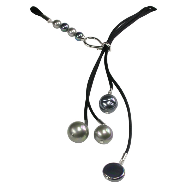Cord Necklace with Black and Grey Pearls