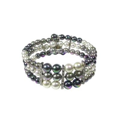 Bracelet in 3 rows with White, Grey and Black Pearls
