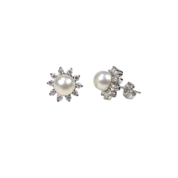 Earrings in Sterling Silver with White 7 mm. Pearls and Zirconia.
