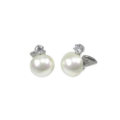 Cabouchon Pearl and Zirconia Clip Earrings in Sterling Silver