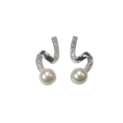 Sterling Silver Earrings with 8 mm. Pearls and Zircons.