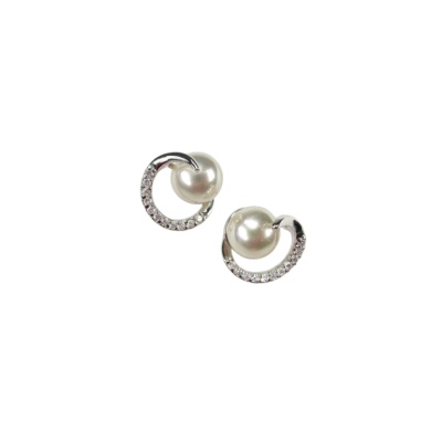 Sterling Silver Earrings with 8 mm. Pearls and Zircons