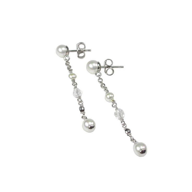 Long silver earrings with white pearls