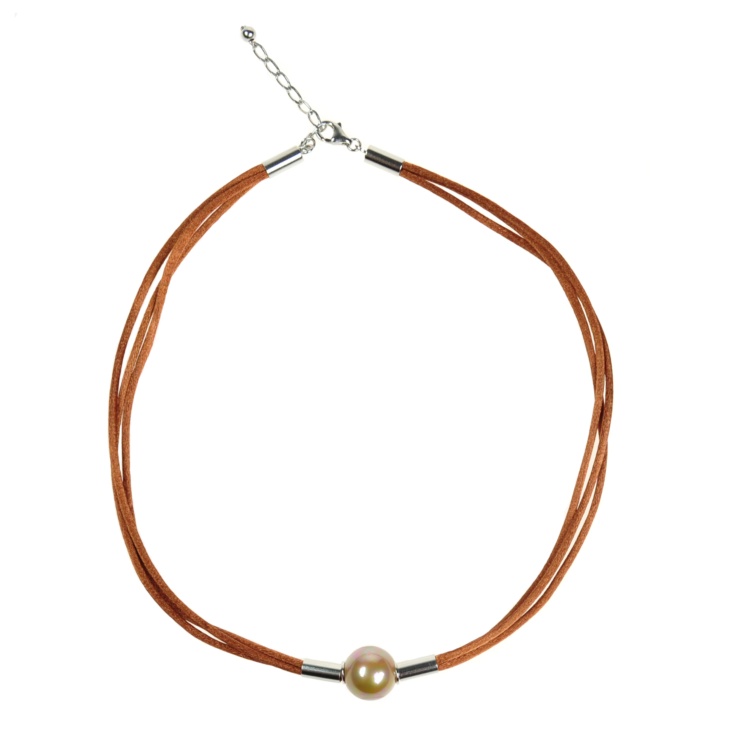 Silk cord Necklace with a copper colour pearl.