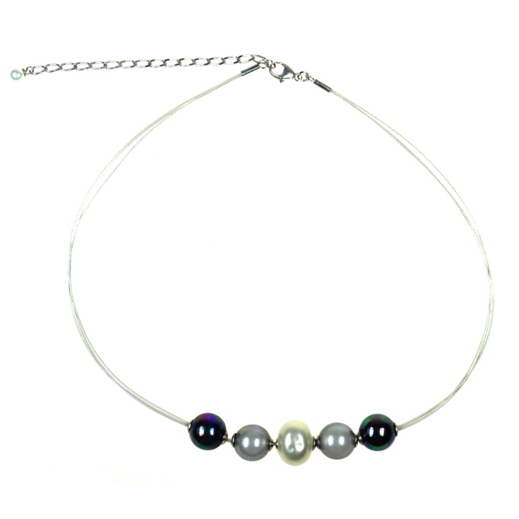 Silver necklace with white, black and grey pearls