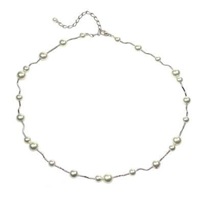 Necklace in White Pearls linked together by Sterling Silver tubes