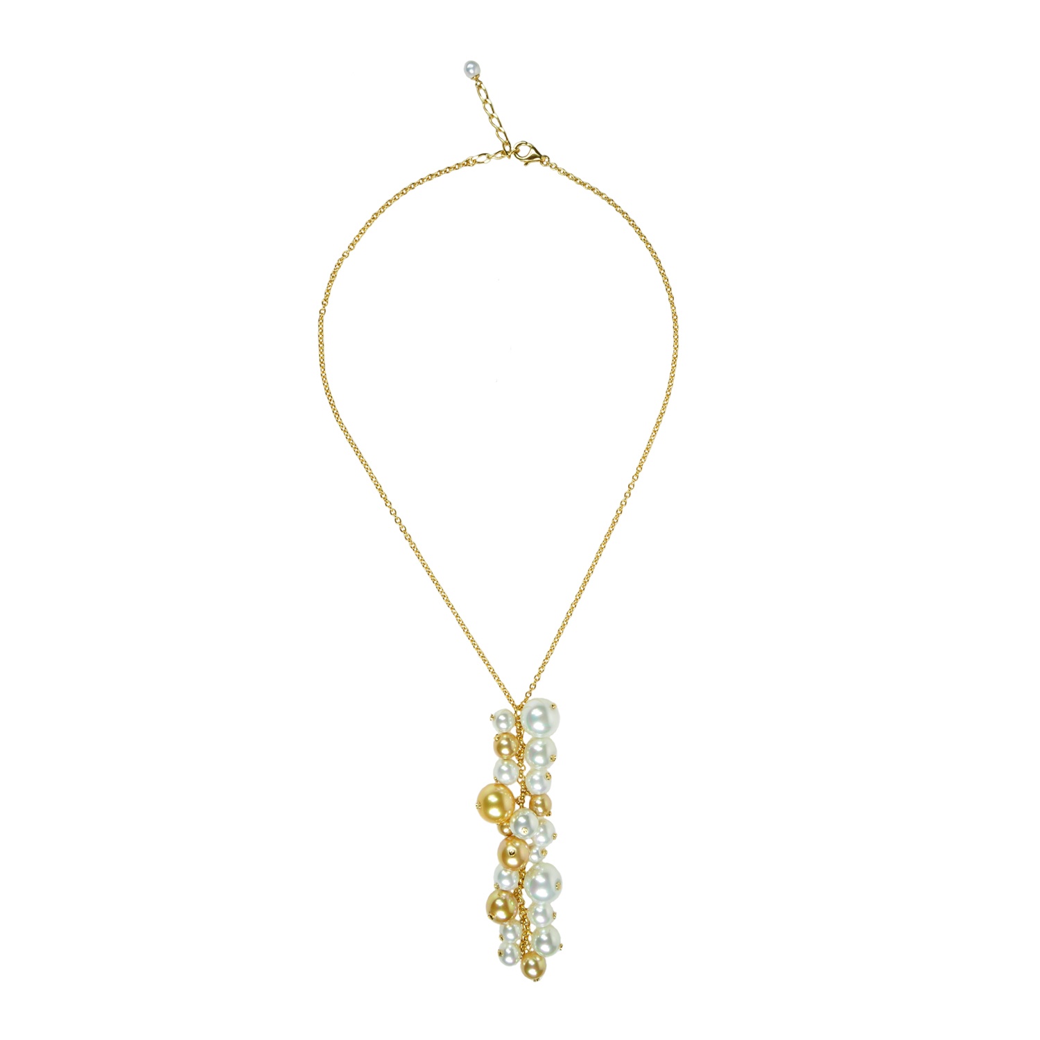 Necklace with a pendant in a cascade of pearls in golden tones