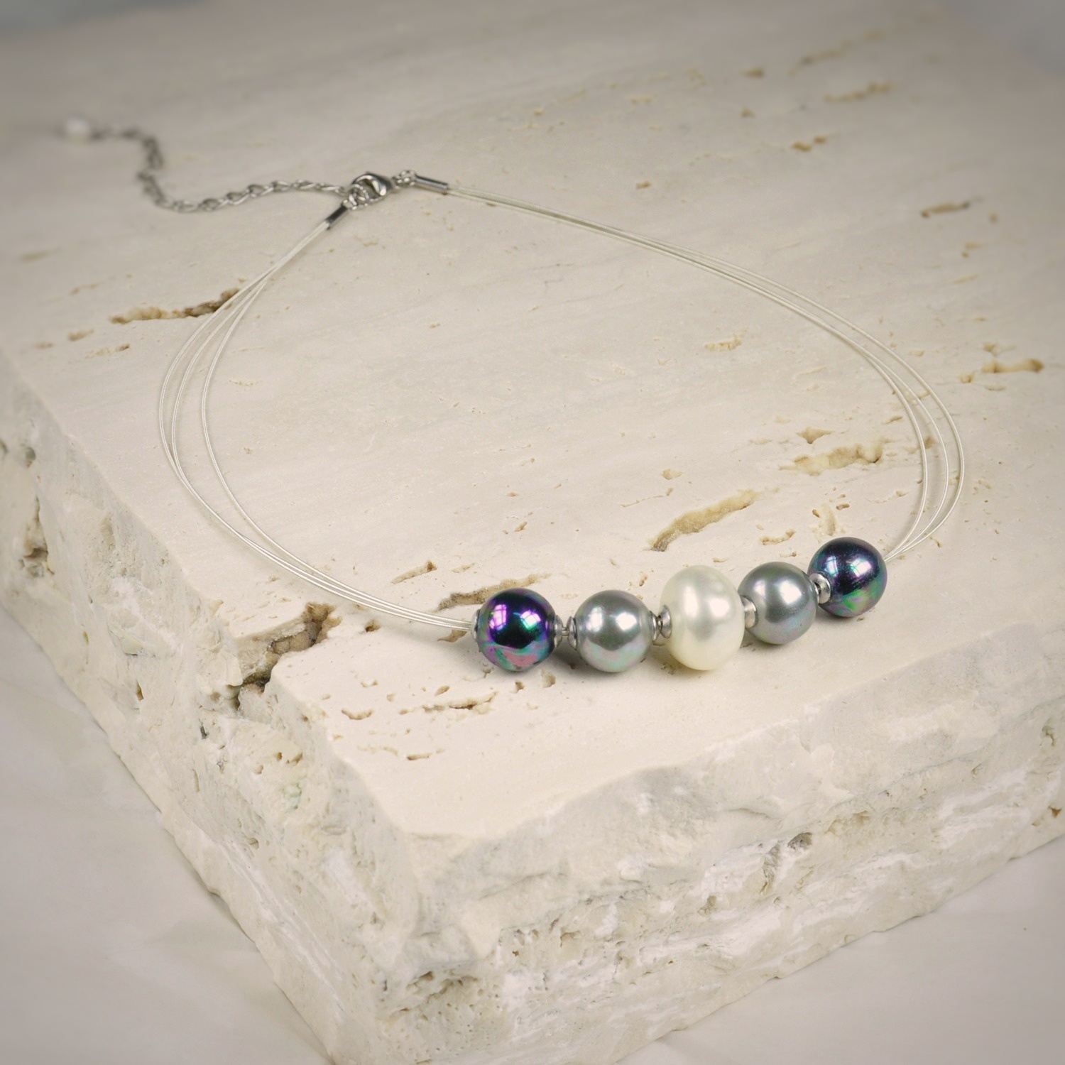 Silver necklace with white, black and grey pearls 1