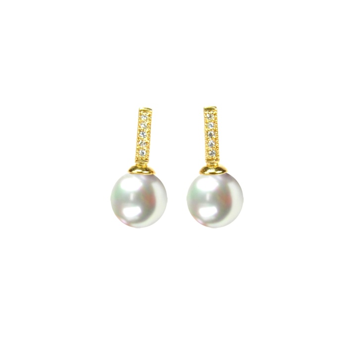 Goldplated Earrings with 9 mm. White Pearls and Zircons