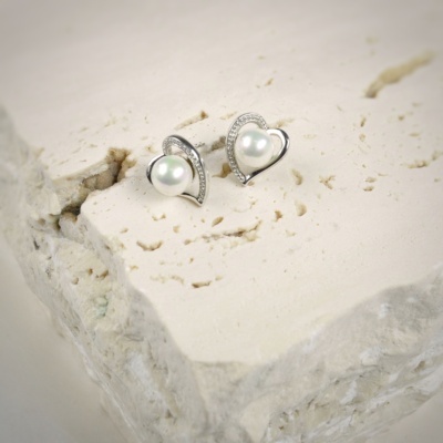 Sterling Silver Earrings with White 7 mm. pearls and Zircons 2