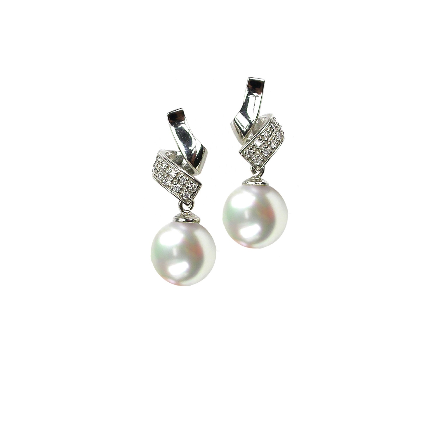 Sterling Silver Earrings with White Pearls and Zircons.