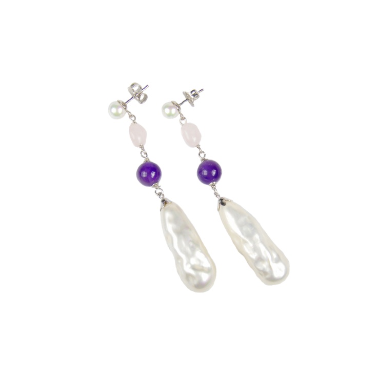 Pearl Earrings with Amethyst and Rose Quartz