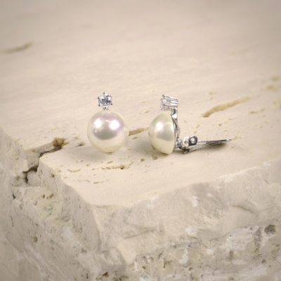 Cabouchon Pearl and Zirconia Clip Earrings in Sterling Silver 2