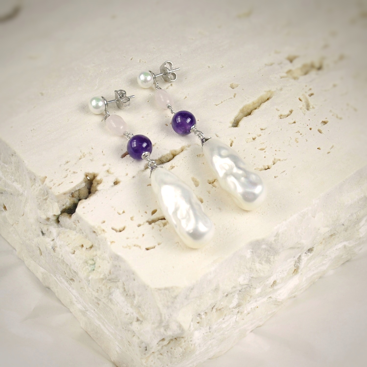Pearl Earrings with Amethyst and Rose Quartz 1