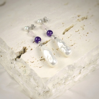 Pearl Earrings with Amethyst and Rose Quartz 1