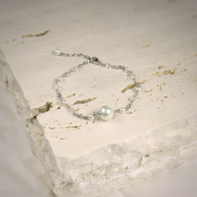 Silberarmband mit Perlen in Weiss und Bergkristall 1