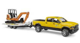 BRUDER 1:16 Todoterreno RAM 2500CON REMONQUE Y MINIEXCAVADORA