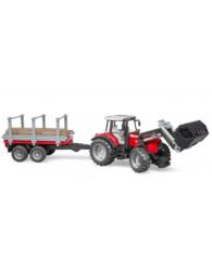 BRUDER 1:16 Tractor de juguete Massey Ferguson 7480 con pala frontal y remolque