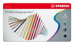 Caja metálica con 36 lápices de color acuarelables Aquacolor.