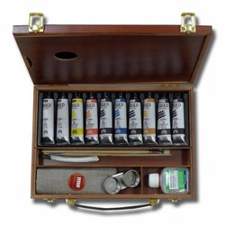 Caja de madera con 10 tubos de 40 ml acrílico extrafino Titan + auxiliares + accesorios