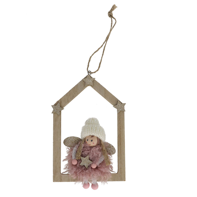 COLGANTE CASA CON ANGEL ROSA 10X17CM