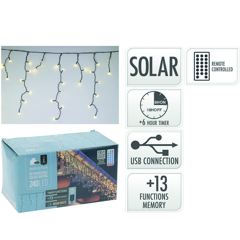 CORTINA 240 LED SOLAR LUZ BLANCA CALIDA