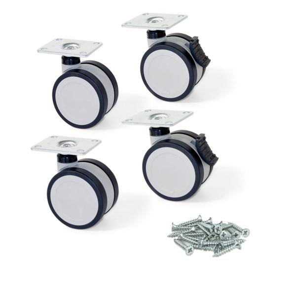 Kit de 4 ruedas Silent Emuca de D. 75 mm con placa de montaje y rodamiento de bolas