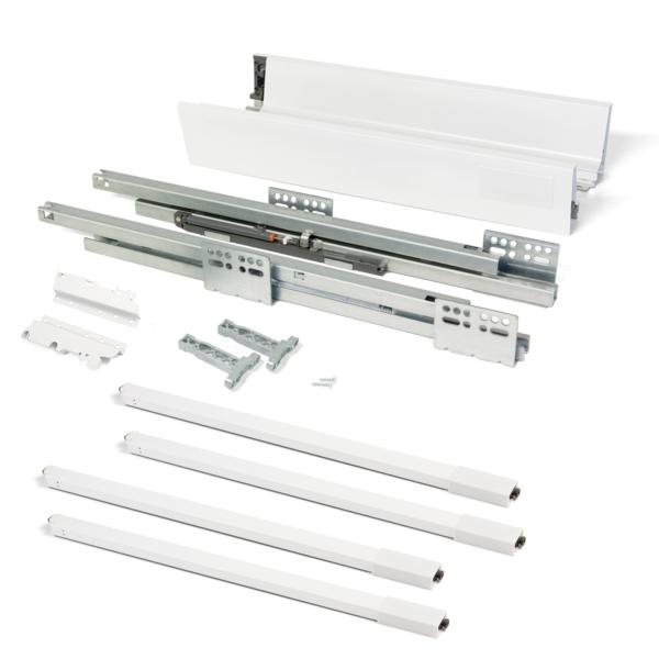 Emuca Kit cajón de cocina Vantage-Q, altura 204 mm, prof. 500 mm, con barandillas, cierre suave, Acero, Blanco